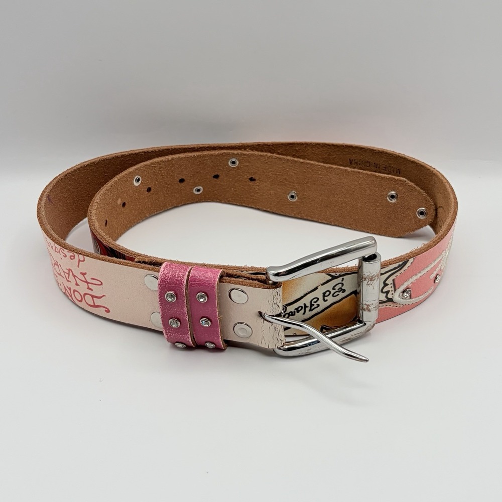 Ed Hardy Vintage Y2K Belt Size L Pink Multicolor Leather Handmade